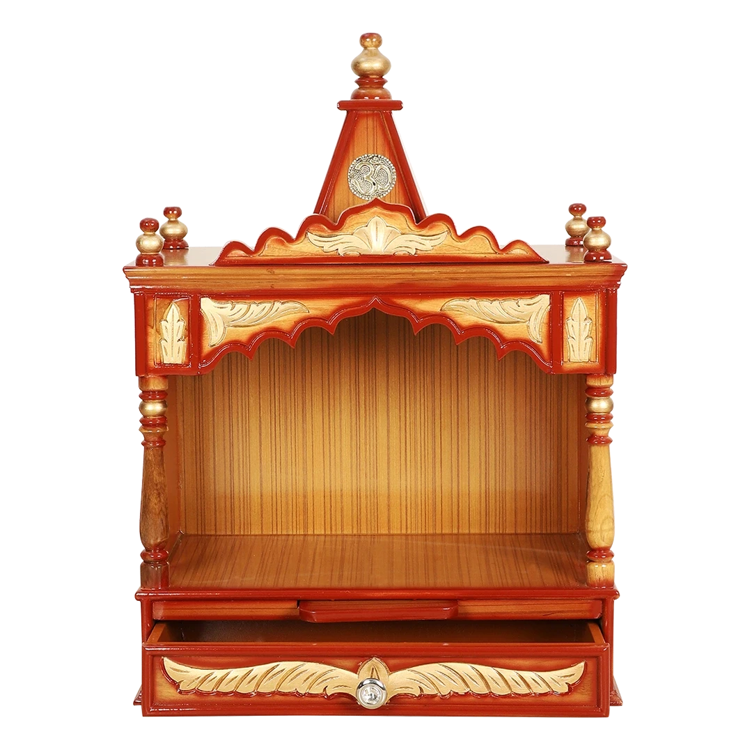 Divya Prakostha Pooja Mandir Wall Mount Pooja Mandir/Wooden temple for home in Teak Gold color front view open drawers
