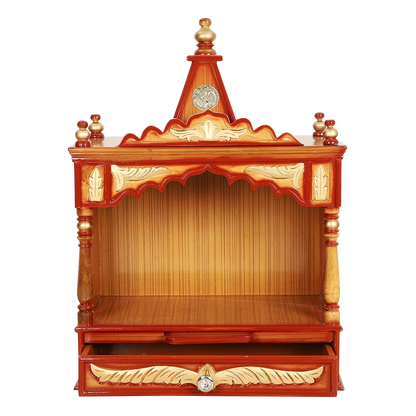 Divya Prakostha Pooja Mandir Wall Mount Pooja Mandir/Wooden temple for home in Teak Gold color front view open drawers