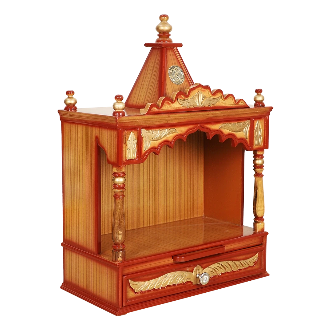 Divya Prakostha Pooja Mandir Wall Mount Pooja Mandir/Wooden temple for home in Teak Gold color 45° side view