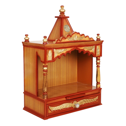 Divya Prakostha Pooja Mandir Wall Mount Pooja Mandir/Wooden temple for home in Teak Gold color 45° side view
