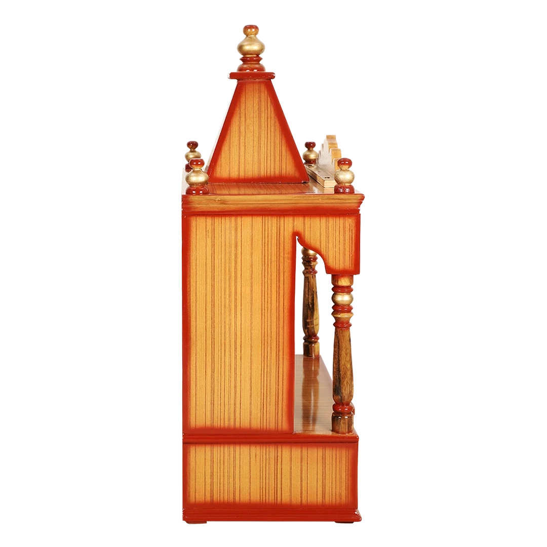 Divya Prakostha Pooja Mandir Wall Mount Pooja Mandir/Wooden temple for home in Teak Gold color side view featuring jali design and Pillars