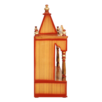 Divya Prakostha Pooja Mandir Wall Mount Pooja Mandir/Wooden temple for home in Teak Gold color side view featuring jali design and Pillars