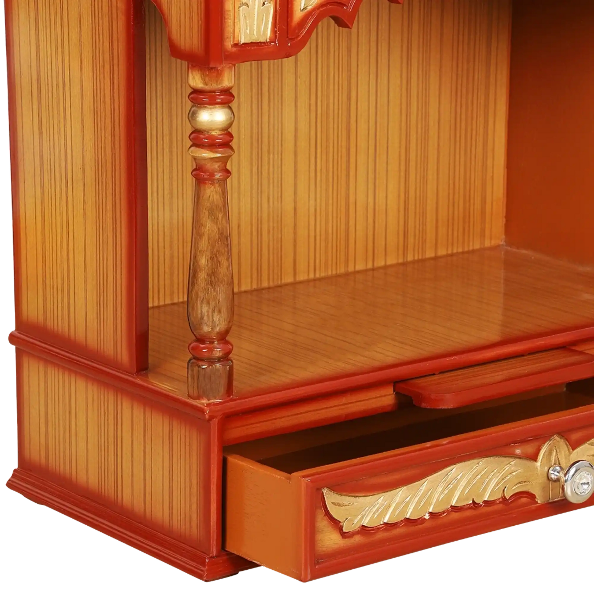 Divya Prakostha Pooja Mandir Wall Mount Pooja Mandir/Wooden temple for home in Teak Gold color 45° side view open drawers