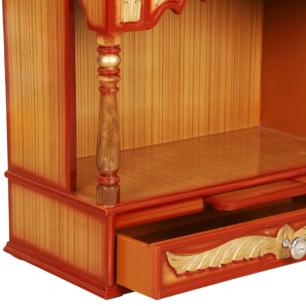 Divya Prakostha Pooja Mandir Wall Mount Pooja Mandir/Wooden temple for home in Teak Gold color 45° side view open drawers
