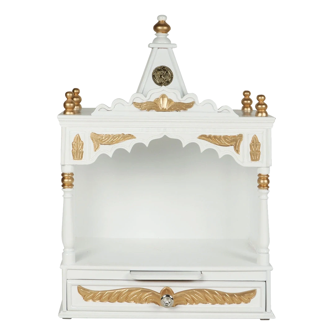 Divya Prakostha Pooja Mandir Wall Mount Pooja Mandir/Wooden temple for home in White Gold color front view