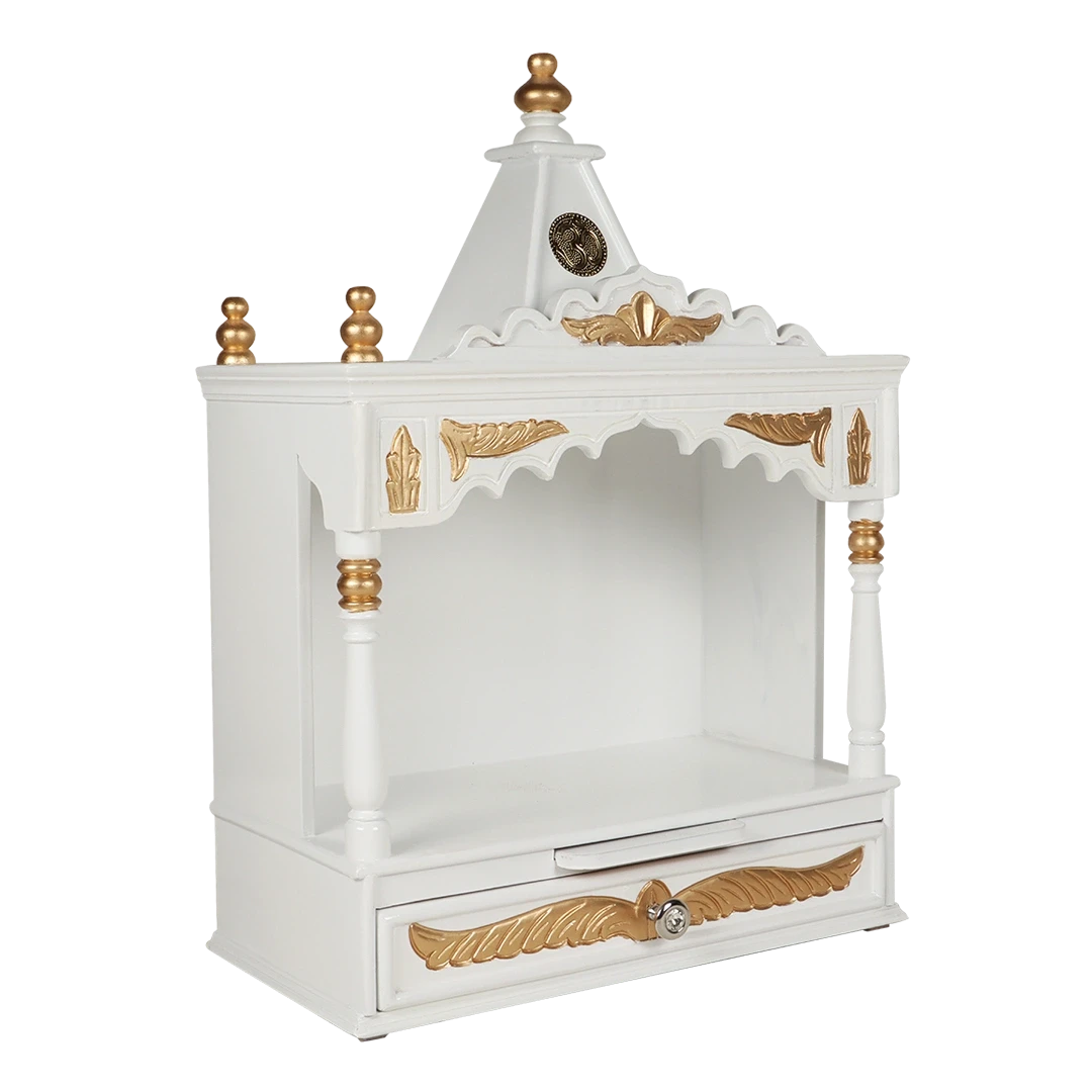 Divya Prakostha Pooja Mandir Wall Mount Pooja Mandir/Wooden temple for home in White Gold color 45° side view