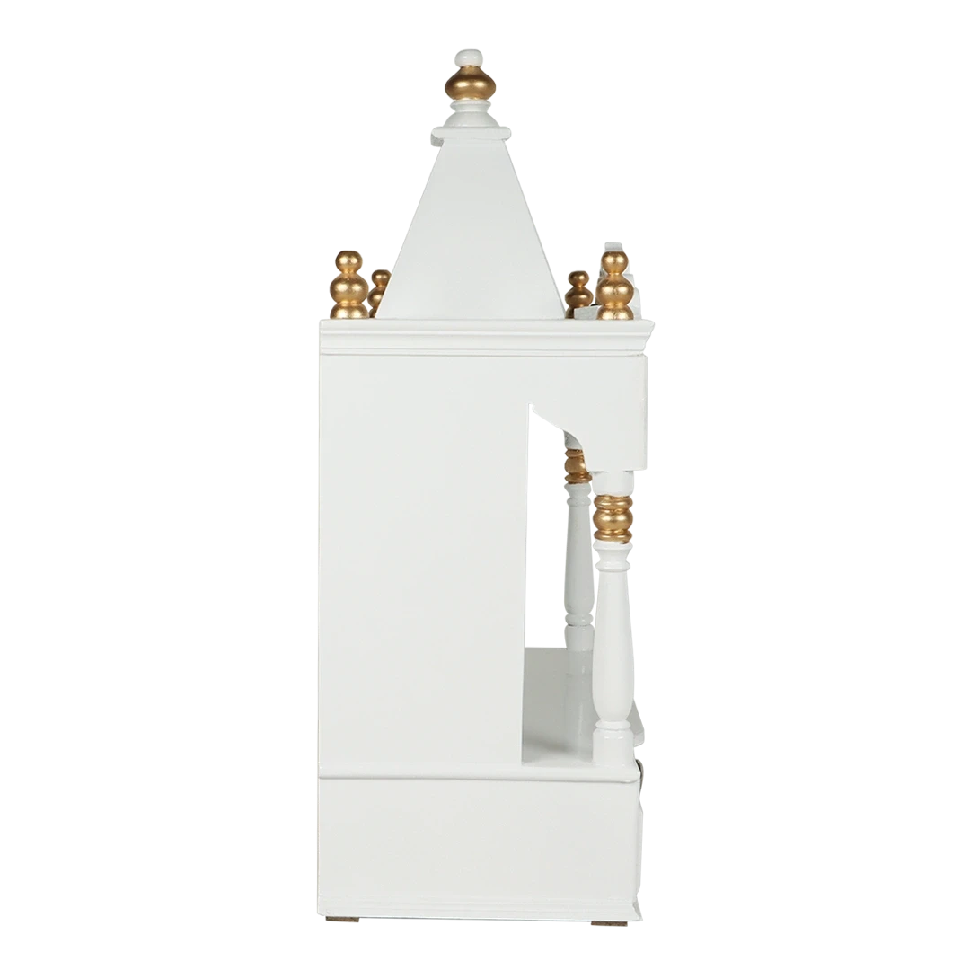 Divya Prakostha Pooja Mandir Wall Mount Pooja Mandir/Wooden temple for home in White Gold color side view featuring jali design and Pillars