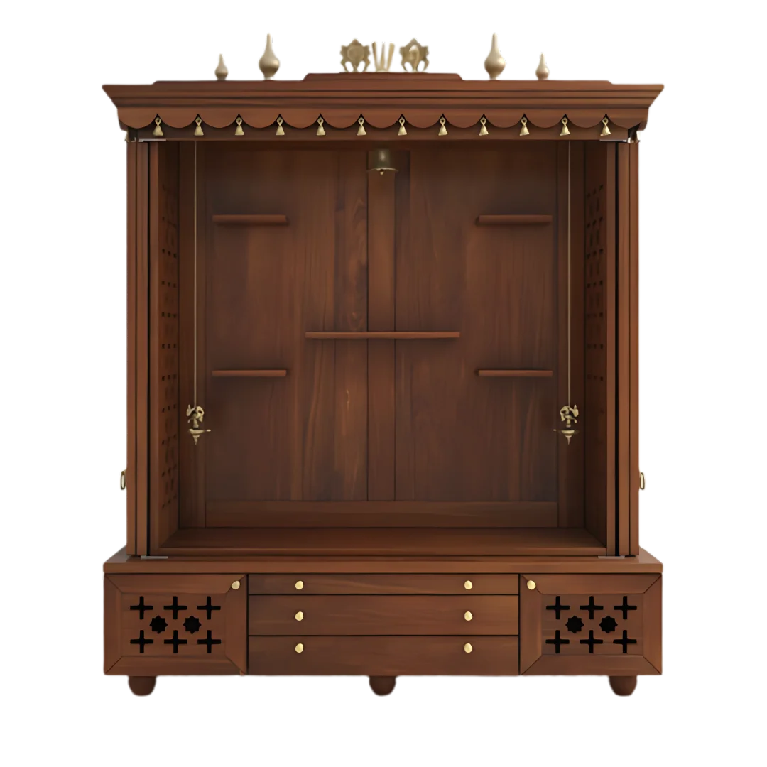 Divyasthal Teak Wood Pooja Mandap with Door (Teak) open door view 