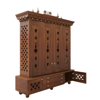 Divyasthal Teak Wood Pooja Mandap with Door (Teak) side angle