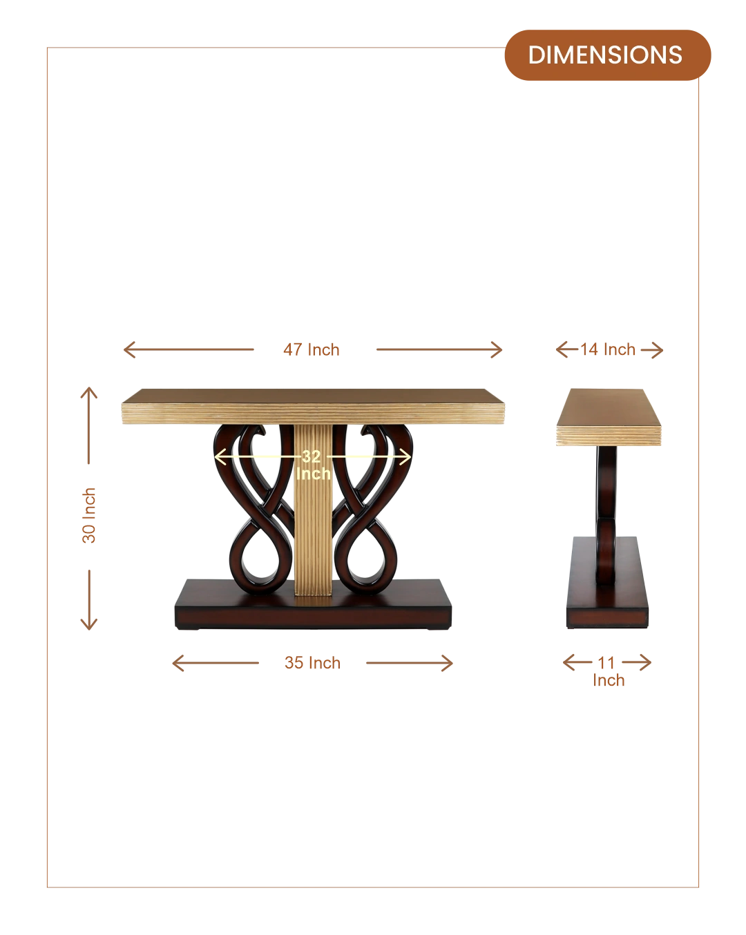 Eleganza Solid Wood Console Table (Brown Gold) dimensions