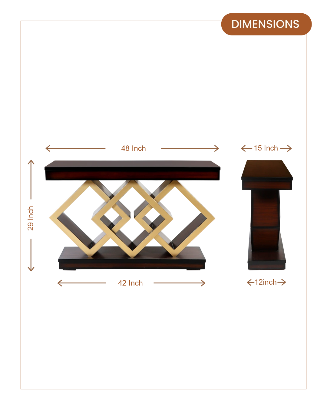 Elite Solid Wood Console Table (Brown Gold) dimensions