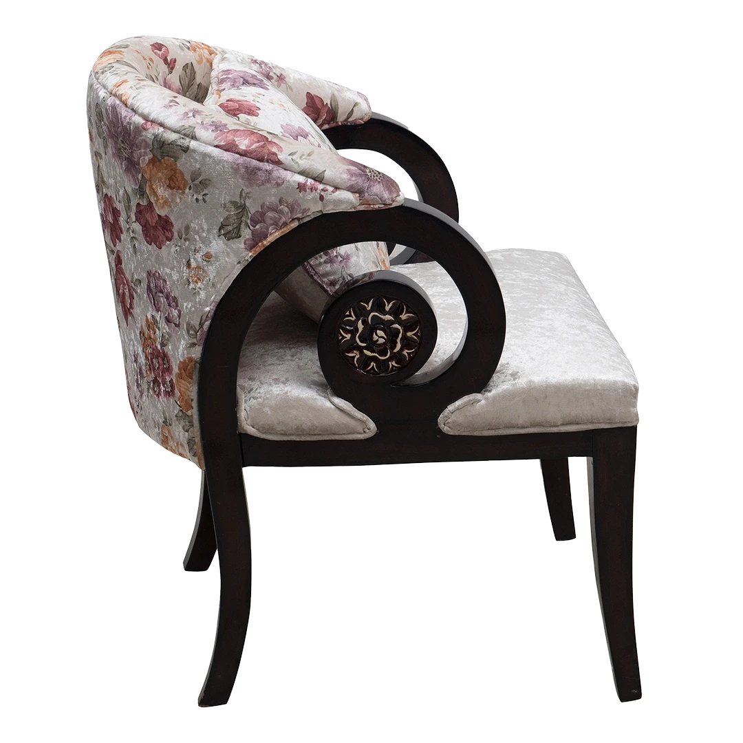 Ellipsum Teak Wood Fabric Upholstered Arm Chair in Brown color side view