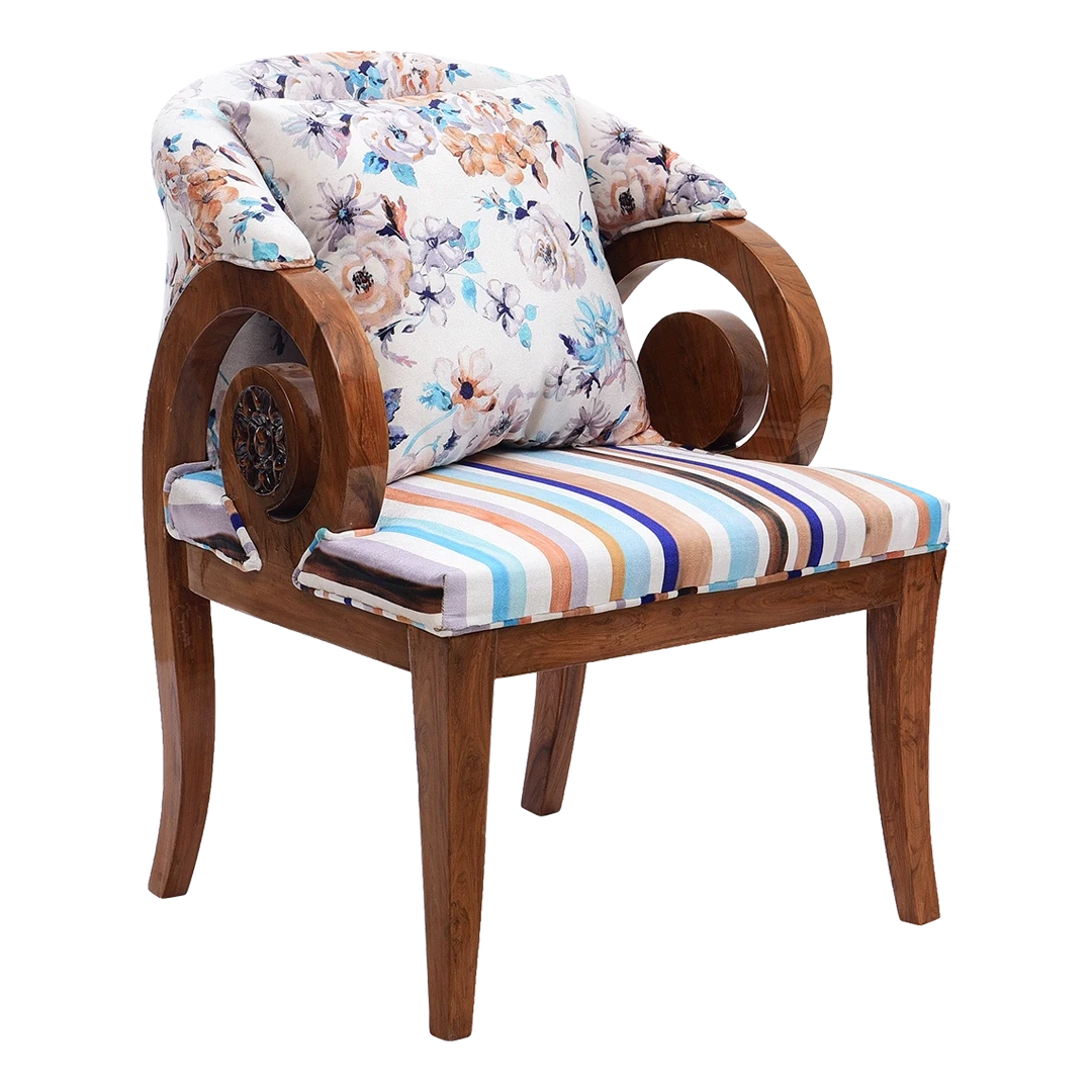 Ellipsum Teak Wood Fabric Upholstered Arm Chair in Teak color 45° side view