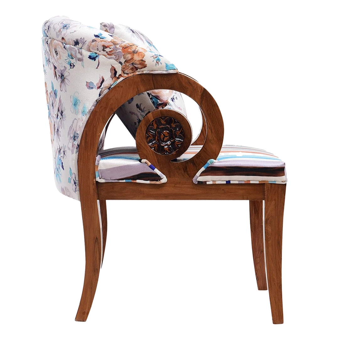 Ellipsum Teak Wood Fabric Upholstered Arm Chair in Teak color side view