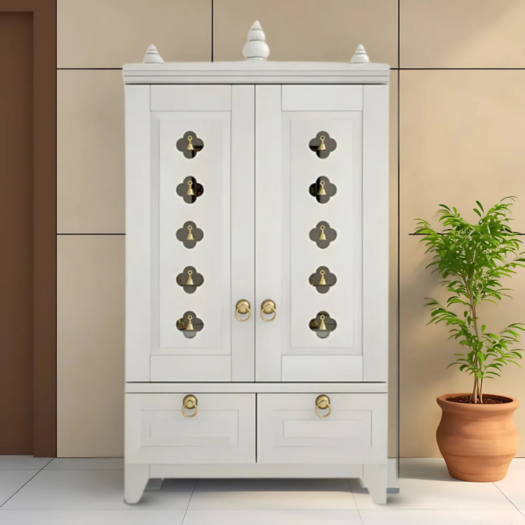 Eshvara Teak Wood Pooja Mandap with Door (White) Lifestyle Image