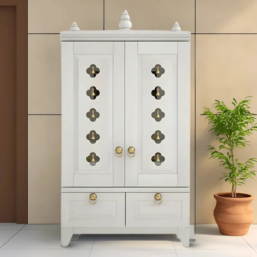 Eshvara Teak Wood Pooja Mandap with Door (White)