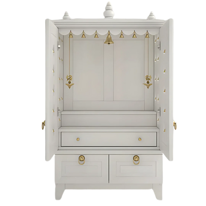 Eshvara Teak Wood Pooja Mandap with Door (White) open door front view
