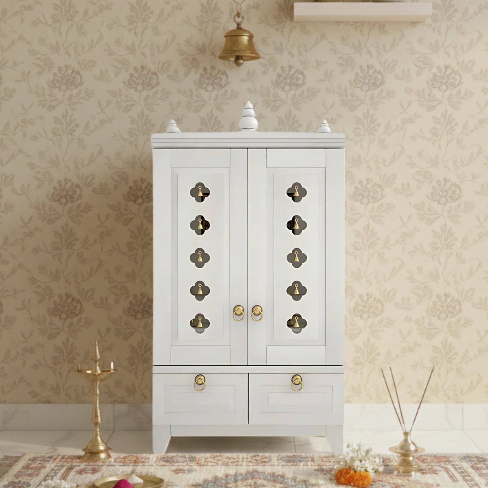 Eshvara Teak Wood Pooja Mandap with Door (White) Lifestyle Image