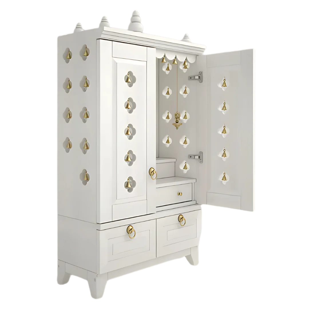 Eshvara Teak Wood Pooja Mandap with Door(White) Side  Angle