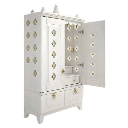 Eshvara Teak Wood Pooja Mandap with Door(White) Side  Angle