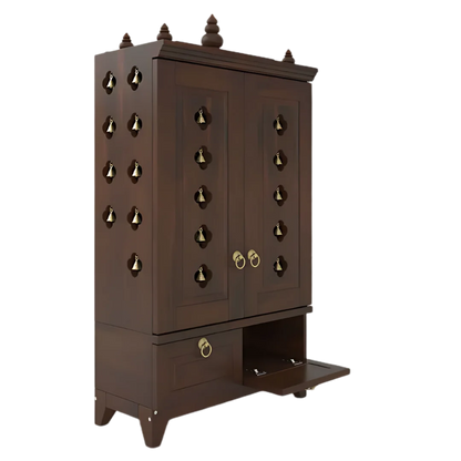 Eshvara Teak Wood Pooja Mandap with Door (Wenge) open drawer side angle 