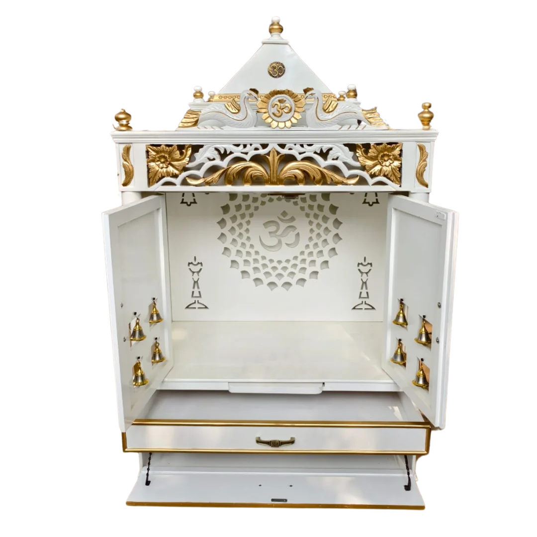 Front Image of Prabhava Floor Rested Pooja Mandir with Door (White Gold)