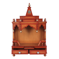 Front View of Brahma Shray Teak Wood Floor Rested Pooja Mandir (Teak Gold)