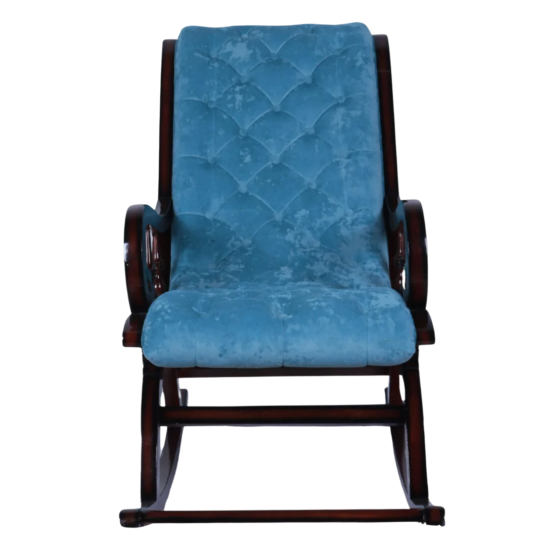 Front View of Kairo Teak Wood Fabric Rocking Chair (Brown Blue)