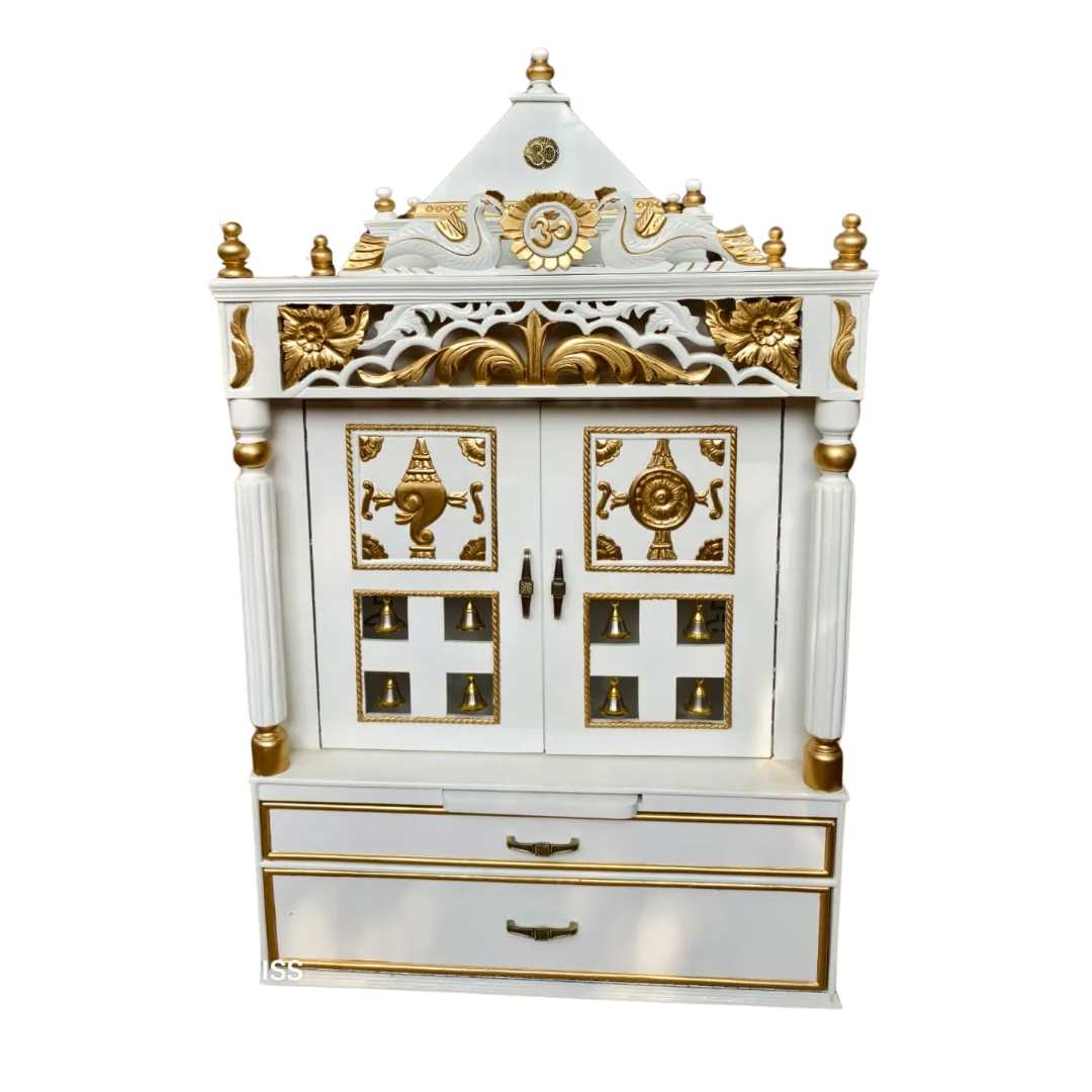 Front View of Prabhava Floor Rested Pooja Mandir with Door (White Gold)