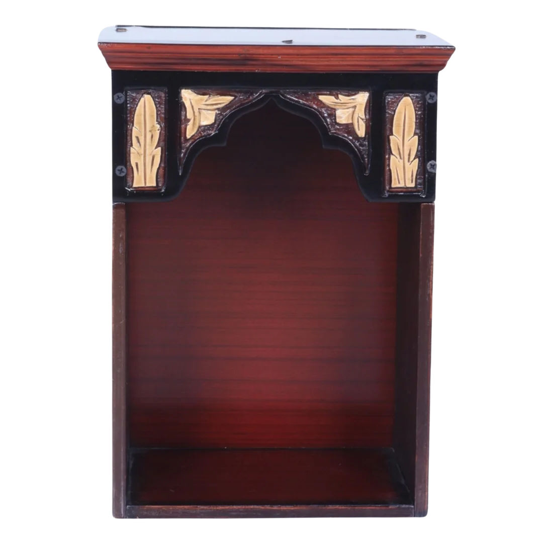 Front View of Sattva Teak Wood Pooja Mandir (Brown Gold)
