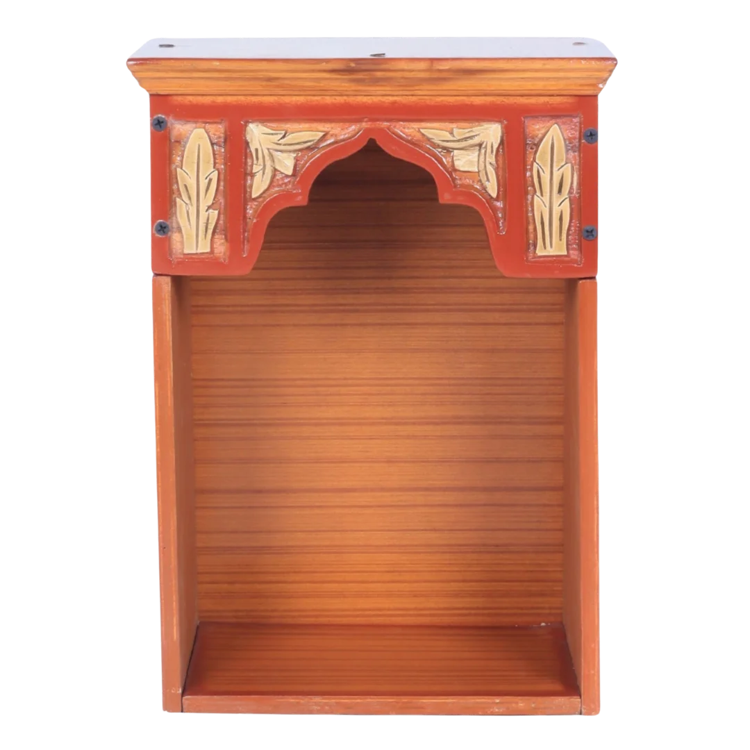 Front View of Sattva Teak Wood Pooja Mandir (Teak Gold)