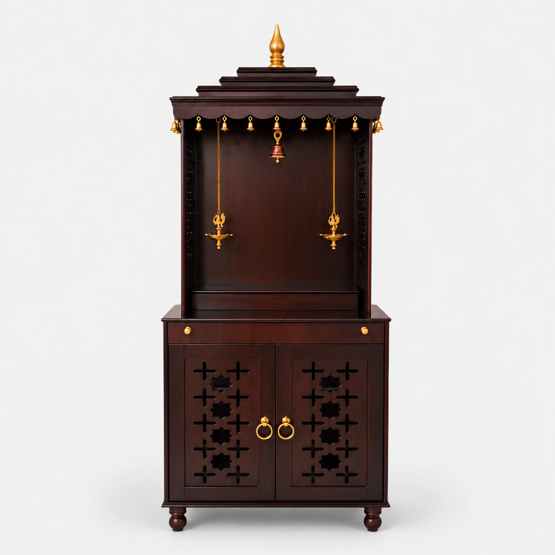 Shikharam Teak Wood Pooja Mandap (Brown) Front View
