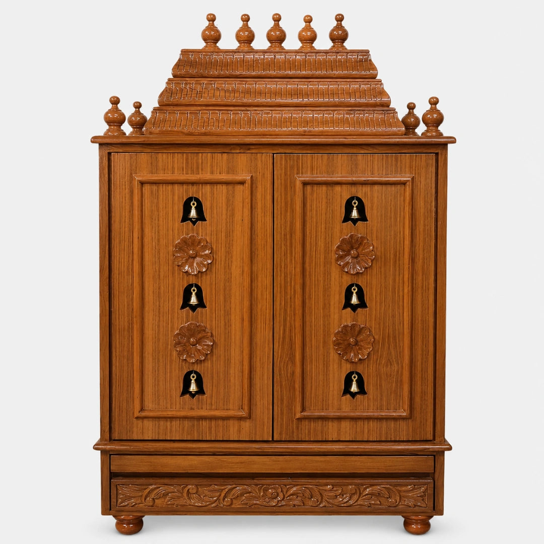 Smaran Teak Wood Pooja Mandir With Doors (Teak) Front View