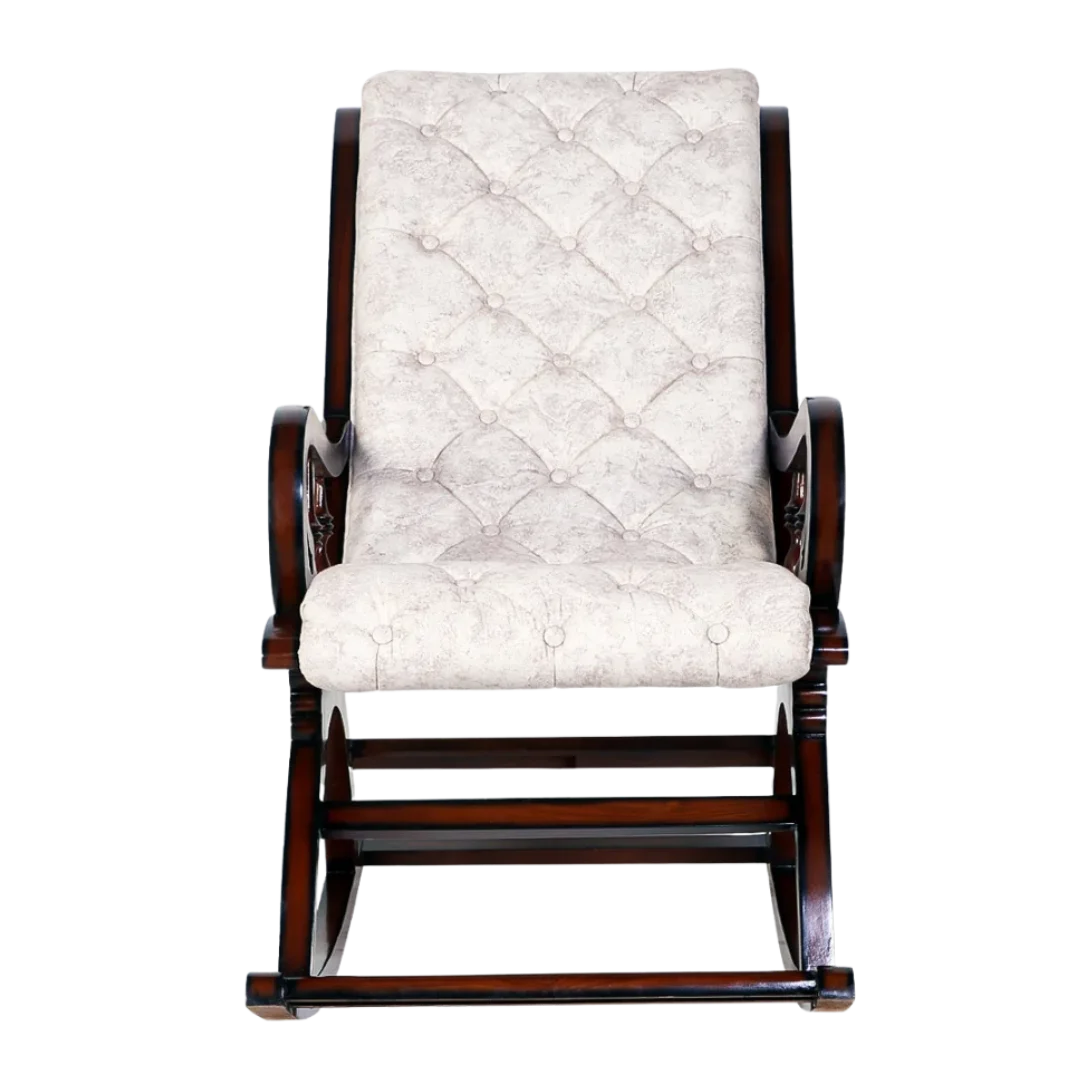 Front View of Touffy Fabric Upholstered Teak Wood Rocking Chair (Mahogany Beige)