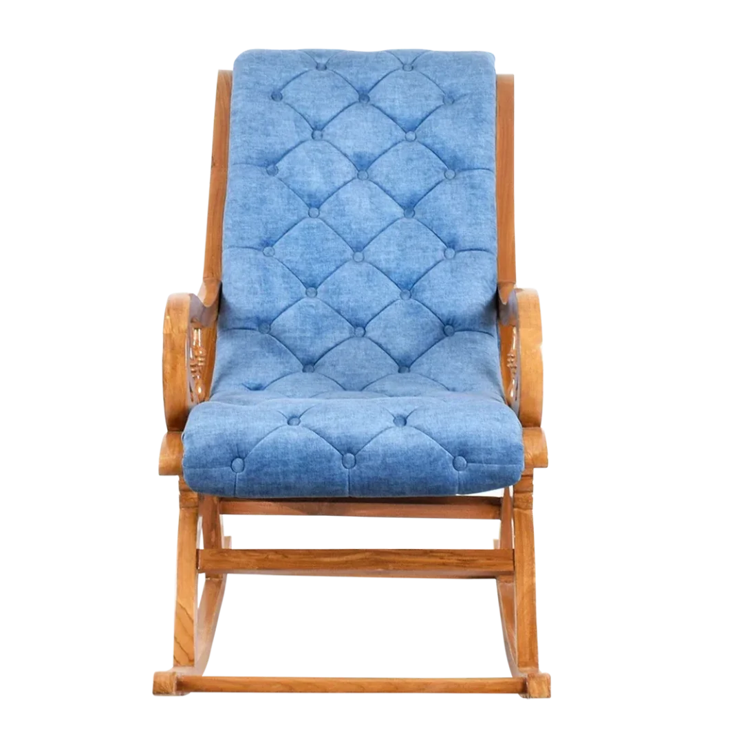 Front View of Touffy Fabric Upholstered Teak Wood Rocking Chair (Teak Blue)