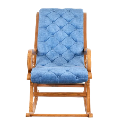 Front View of Touffy Fabric Upholstered Teak Wood Rocking Chair (Teak Blue)