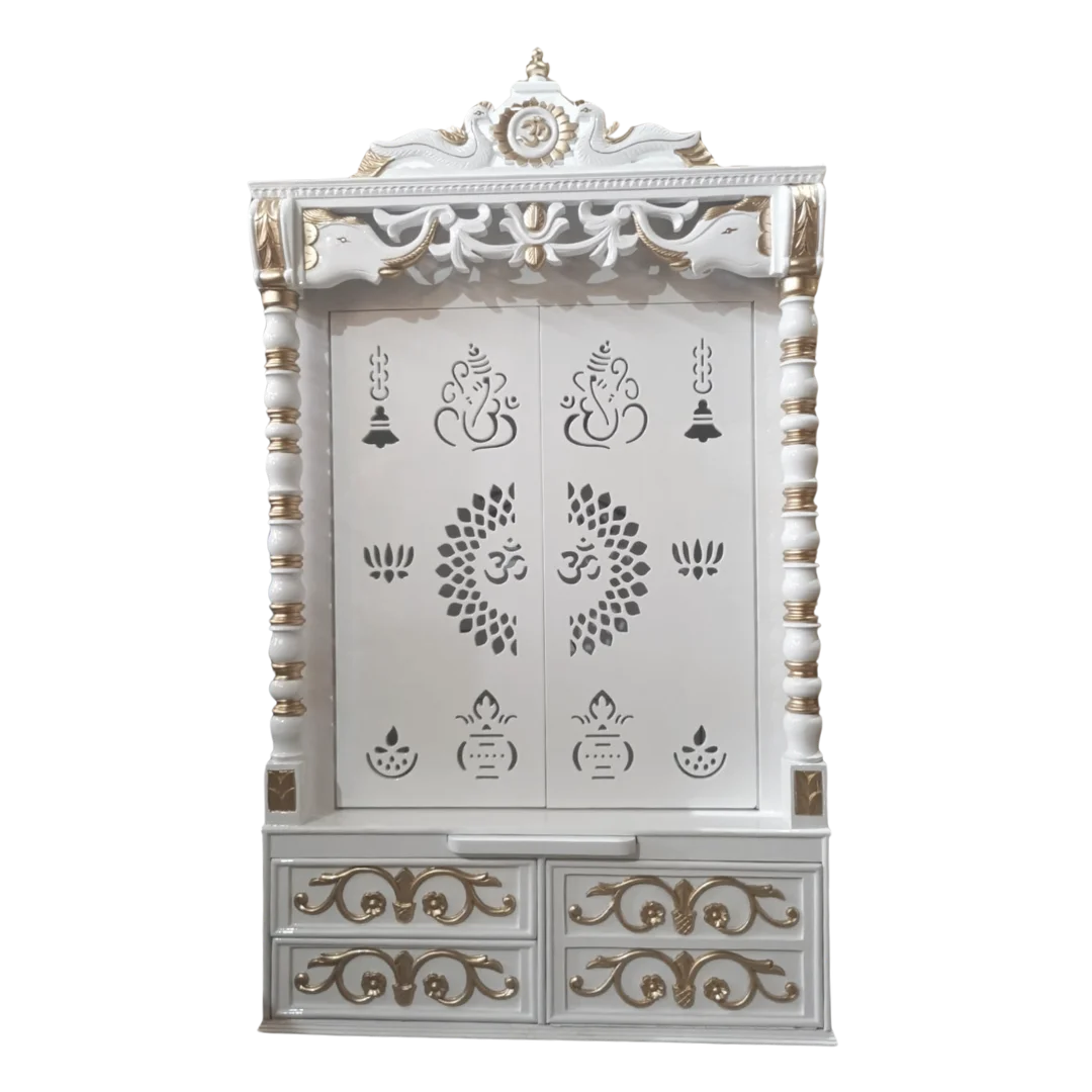 Front view of Ananta Teak Wood Mandir (White)