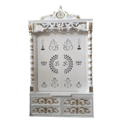 Front view of Ananta Teak Wood Mandir (White)