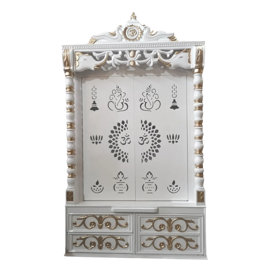 Front view of Ananta Teak Wood Mandir (White)