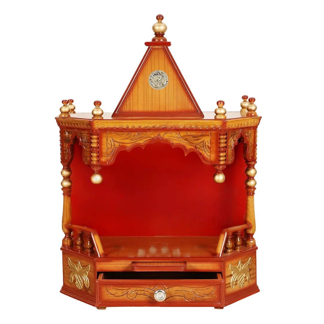 Front view of Anugrah Wall Mount Pooja Mandir without Door (Teak Gold)