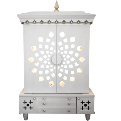 Front view of Anviksha Teak Wood Pooja Mandap With Door(White)