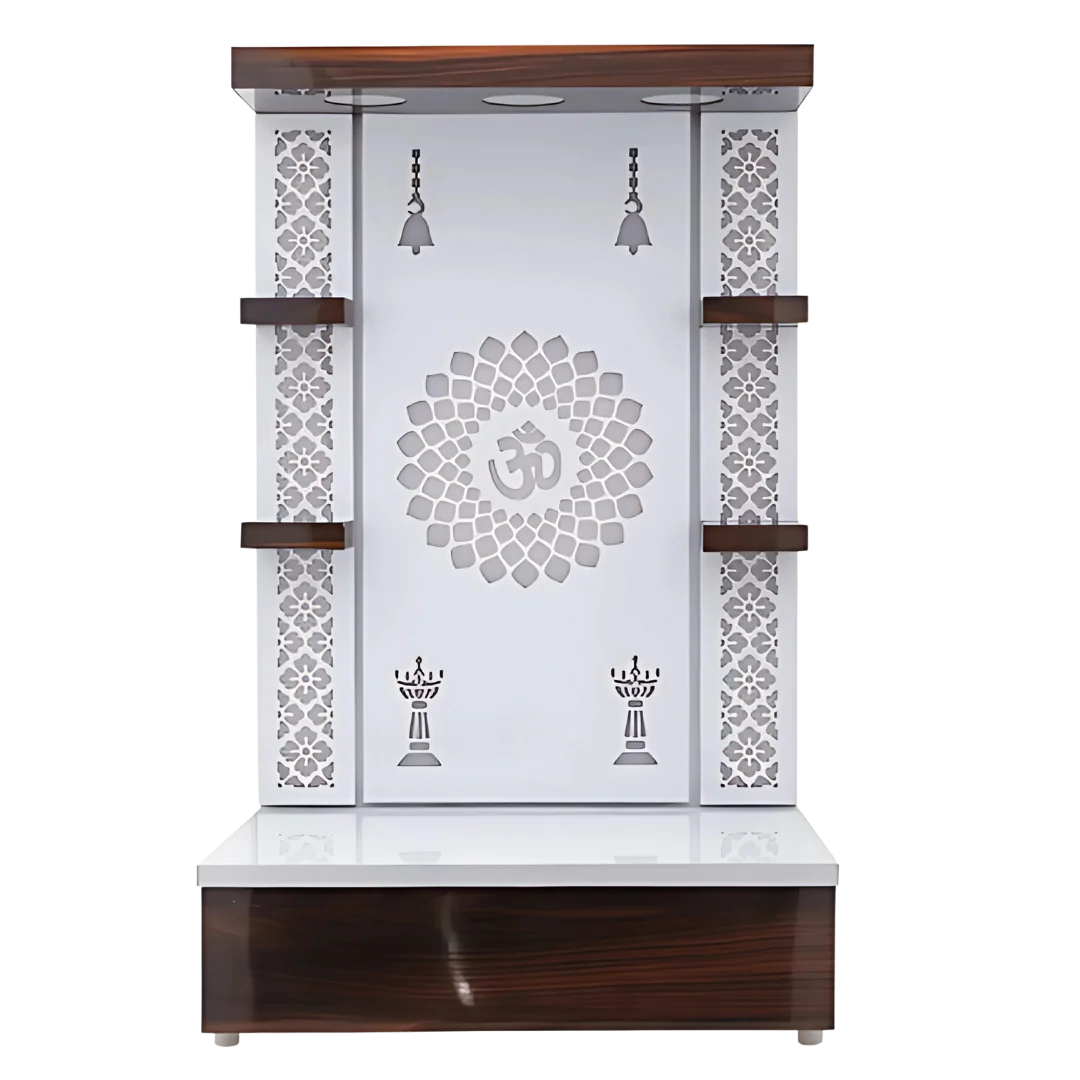 Front view of Jyoti Sthambh Wooden Pooja Mandir without Door (White)
