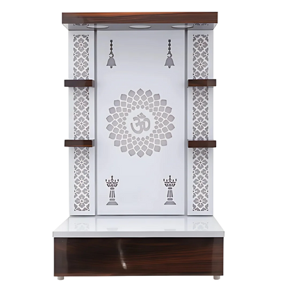 Front view of Jyoti Sthambh Wooden Pooja Mandir without Door (White)
