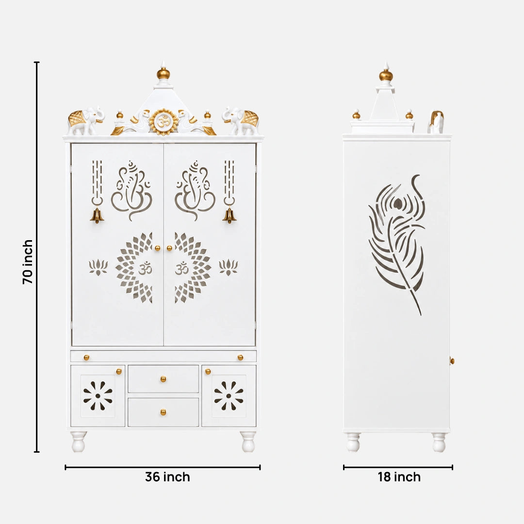 Ganeshkosh Teak Wood Pooja Mandir With Doors (White) Dimensions