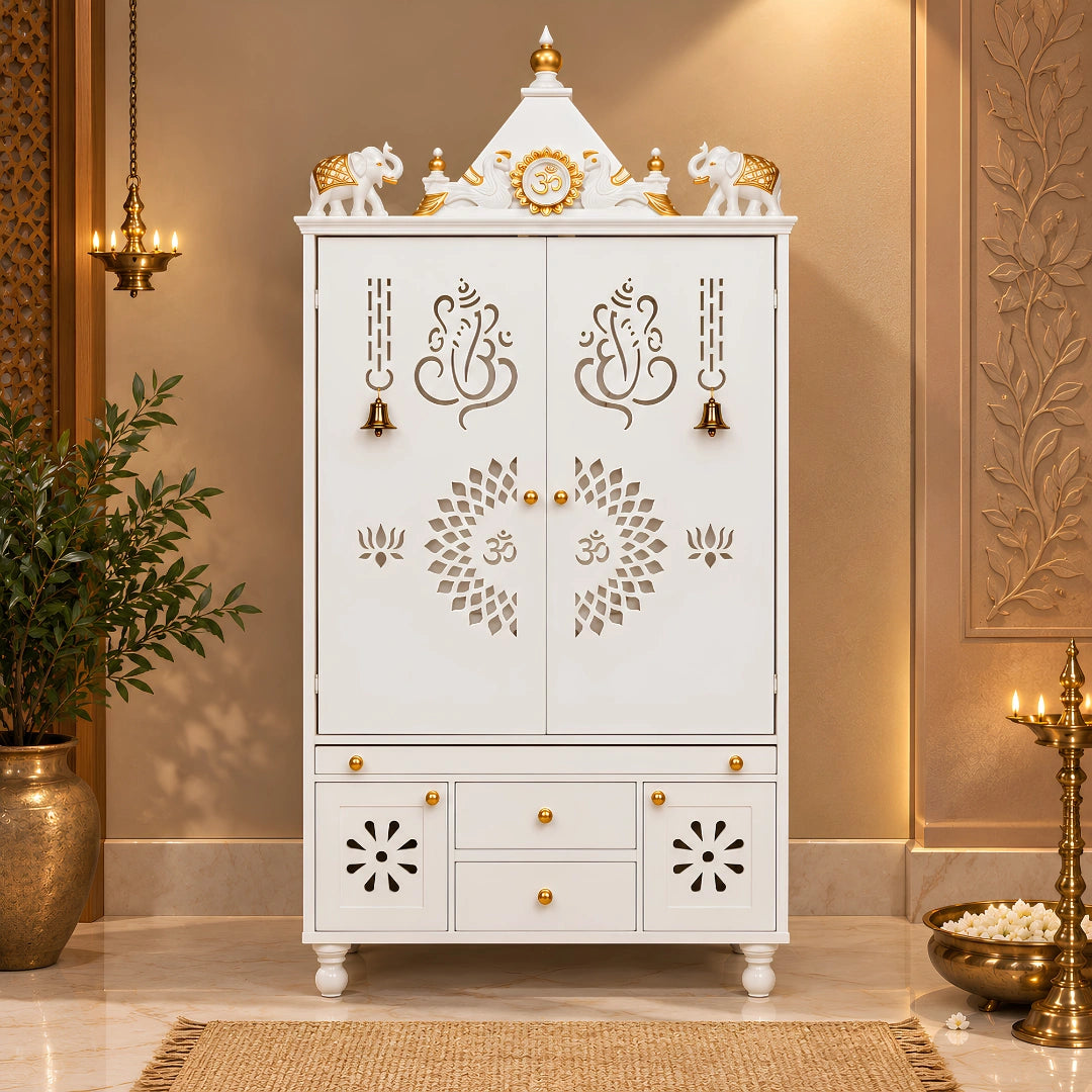 Ganeshkosh Teak Wood Pooja Mandir With Doors (White) Lifestyle Image