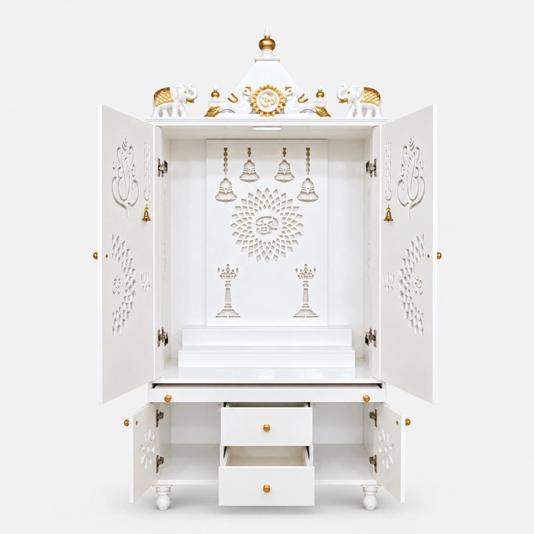Ganeshkosh Teak Wood Pooja Mandir With Doors (White) Front View Open Doors