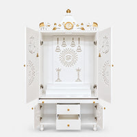 Ganeshkosh Teak Wood Pooja Mandir With Doors (White) Front View Open Doors