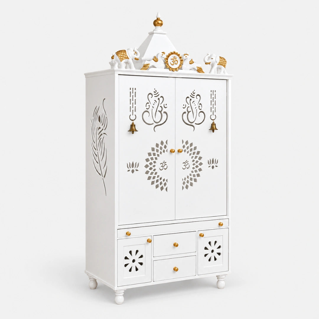 Ganeshkosh Teak Wood Pooja Mandir With Doors (White) Side View
