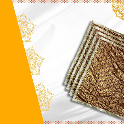Golden Floral Design Brown Pooja Aasan with Silver Border border view 