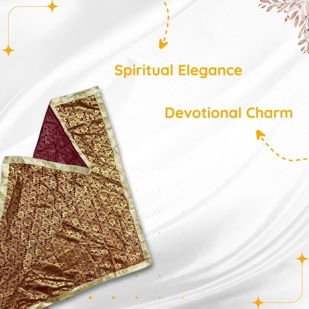 Golden Floral Design Brown Pooja Aasan with Silver Border folding view 